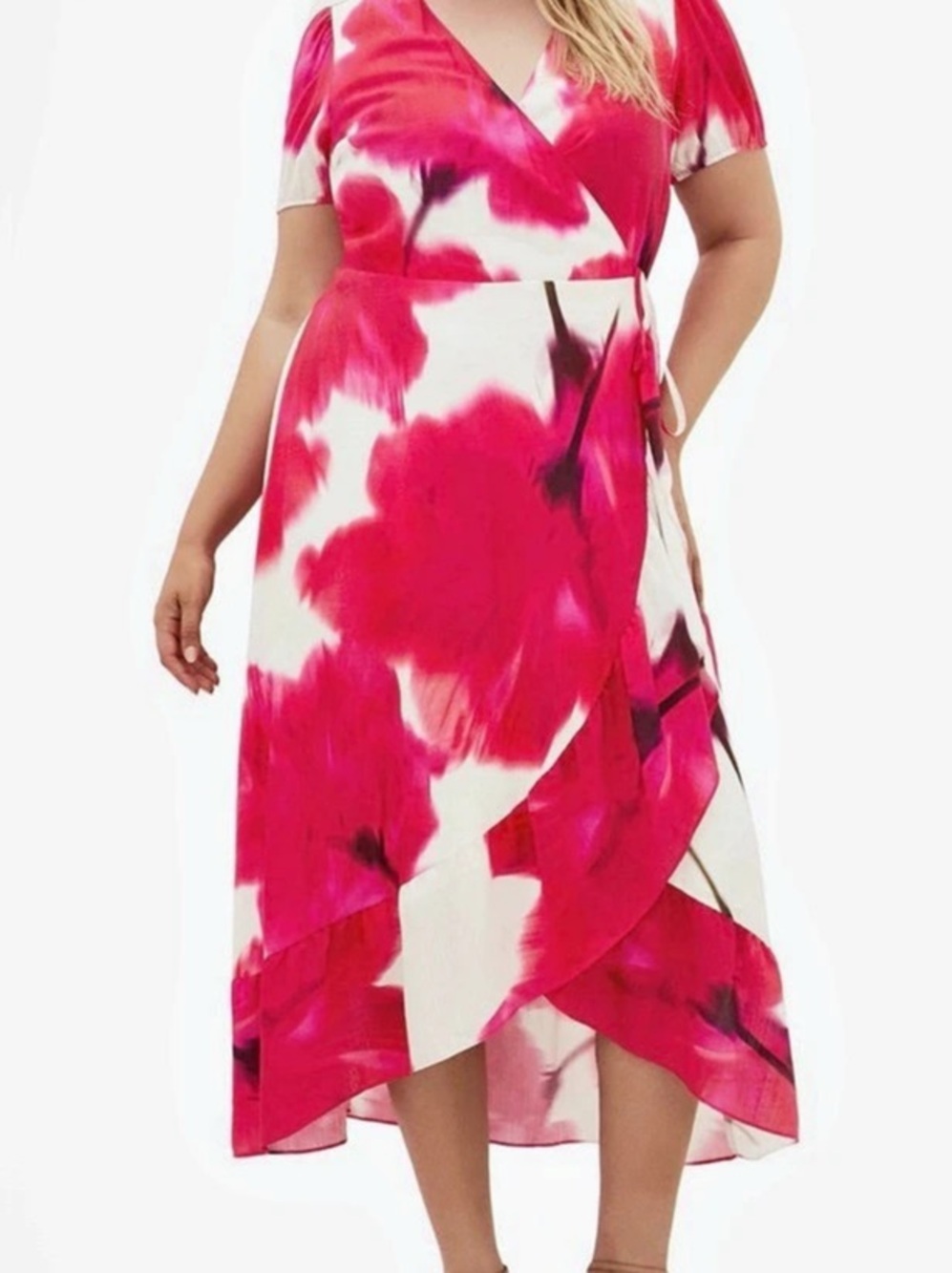 City Chic Abstract Wrap Midi Dress in Pink & White 2XL